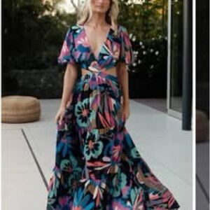 Tropical Floral Cutout Maxi Dress in Navy, Pink & Teal